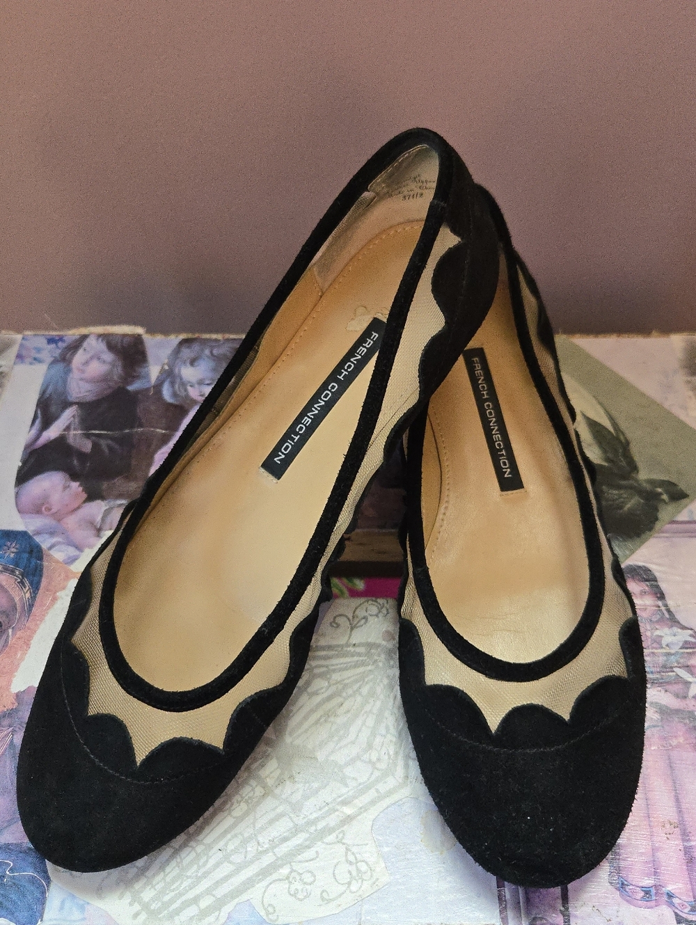 French Connection Black Suede & Mesh Scalloped Ballet Flats